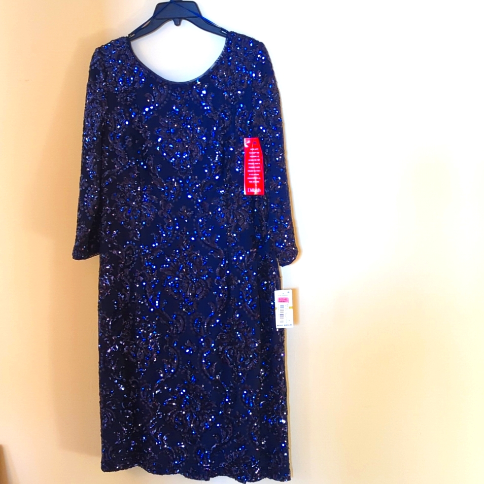 Alex Evenings Glitzy Navy Blue Sequin Dress Size 14.